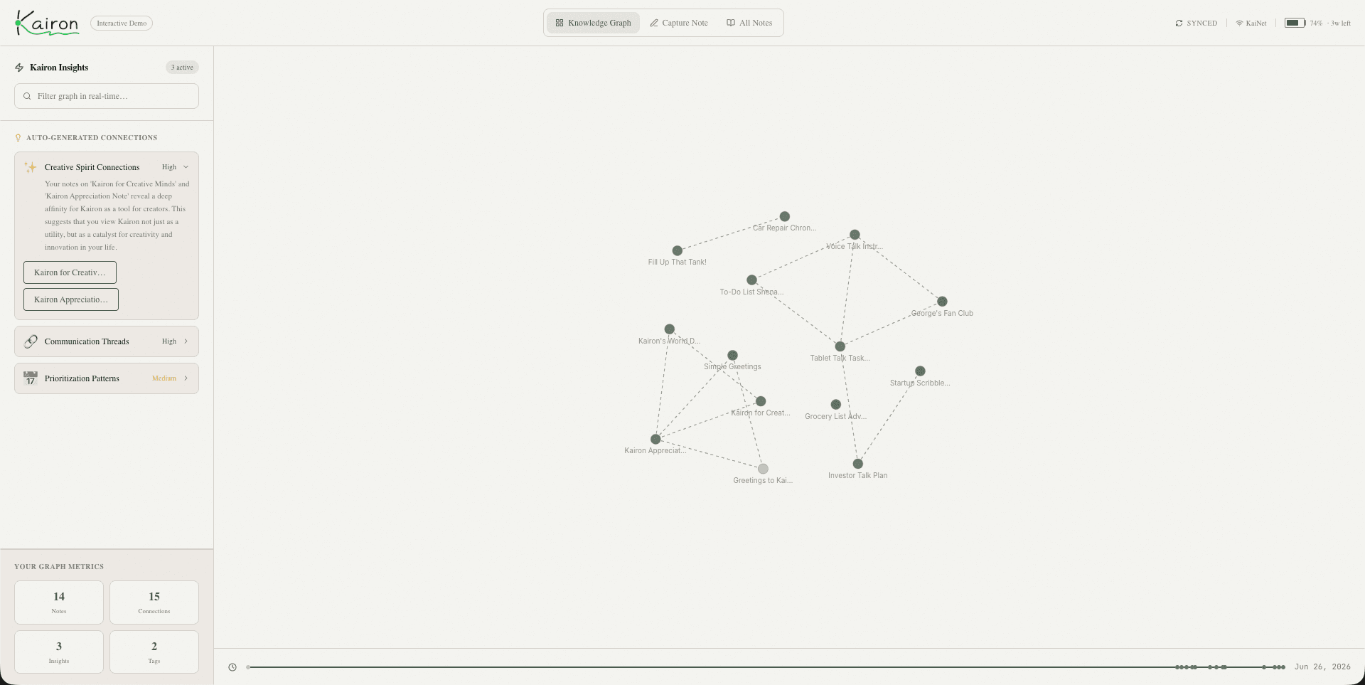 The real Kairon companion software showing the knowledge graph, generated connections, note search, and device status